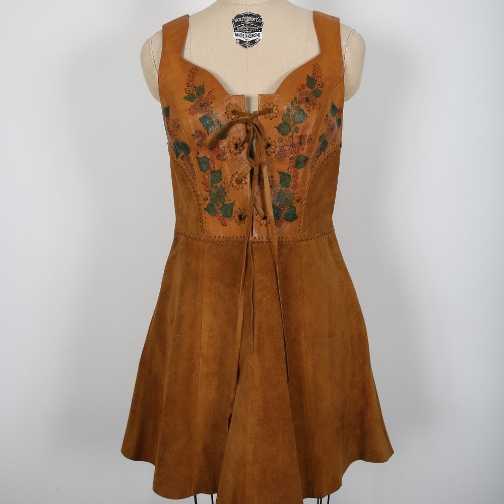 Vintage CHAR Leather Dress 70s Hippie Boho Handmade Hand Painted Florals - Picture 1 of 7